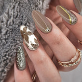 Fall Season Brown & Silver Glitter Floral Medium Almond Press On Nails